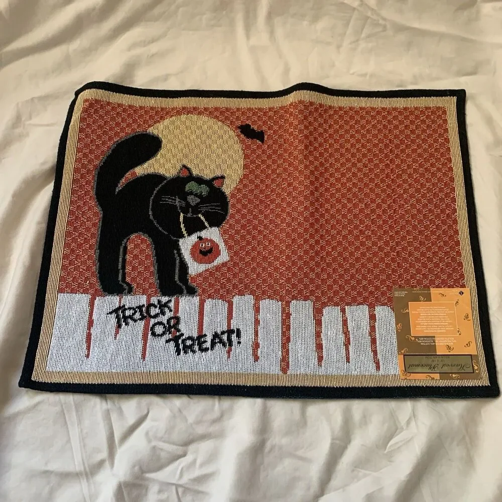 Halloween Woven Tapestry Placements with Black Cat & words: Trick or Treat (4)
